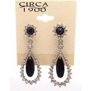 Circa 1900 Silvertone Teardrop Black & Clear Crystal Dangle Post Earrings NEW